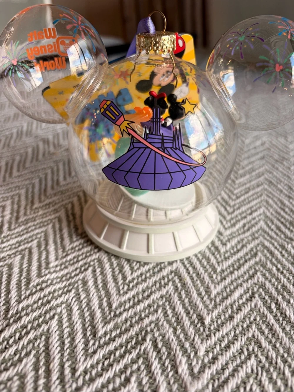 Disney Clear Mickey Globe Ornament with Purple and Pink Ride Detail